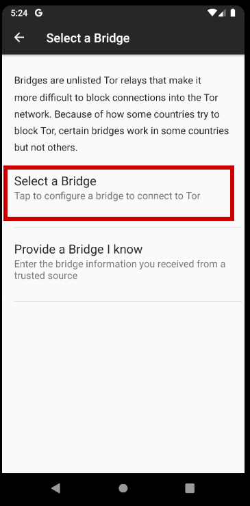 Tor Browser for Android select a bridge screen