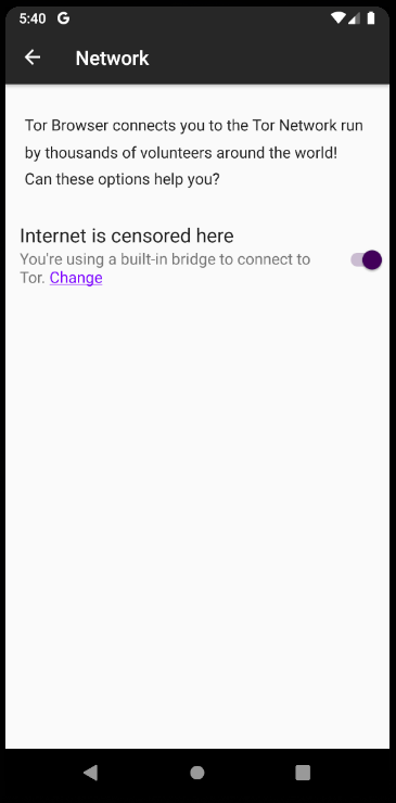 Tor Browser for Android Network screen
