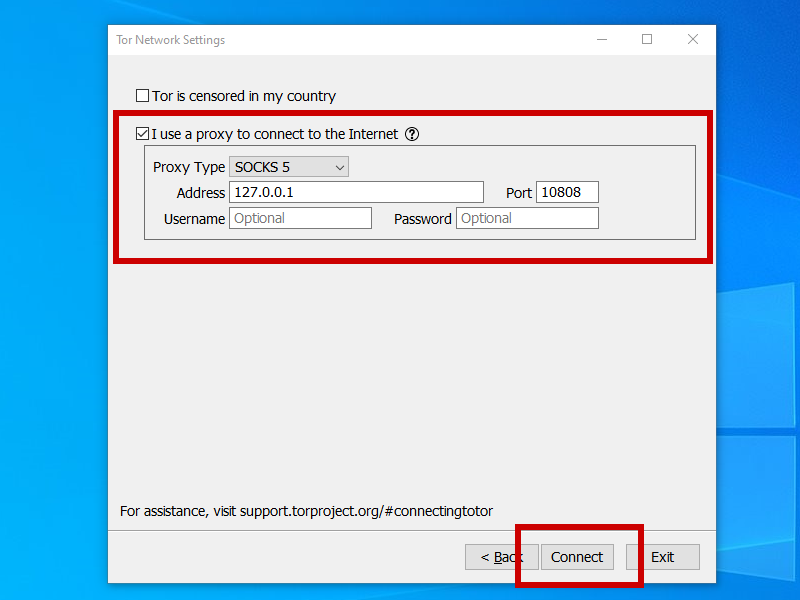 Configure Tor Browser to use a proxy server on localhost
