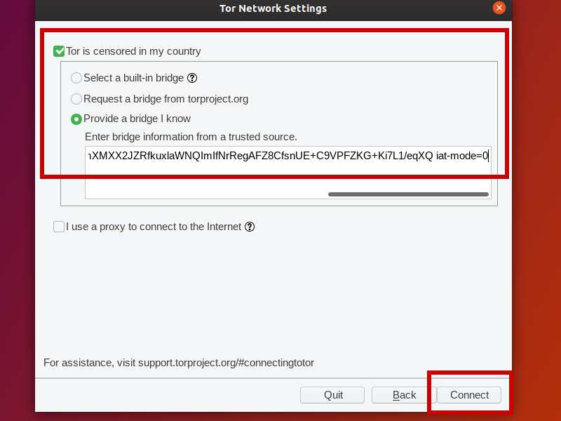 Configure bridge information in Tor Browser for Linux