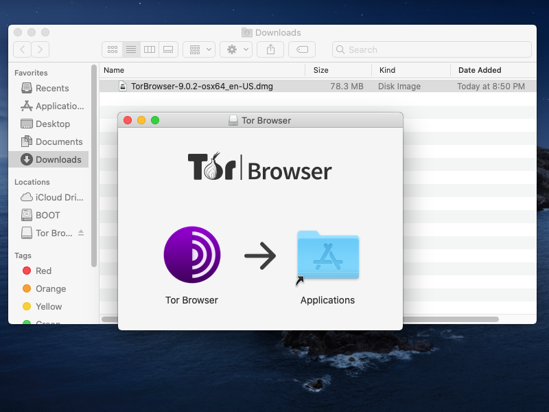 Install Tor Browser disk image (DMG) file on macOS