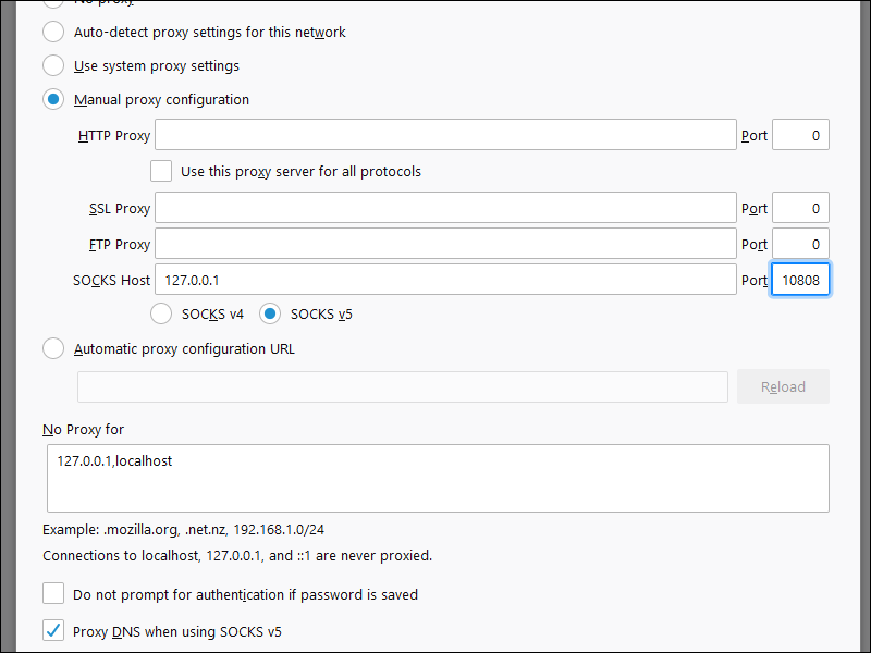 Firefox configuration for SOCKS5 proxy server on port 10808